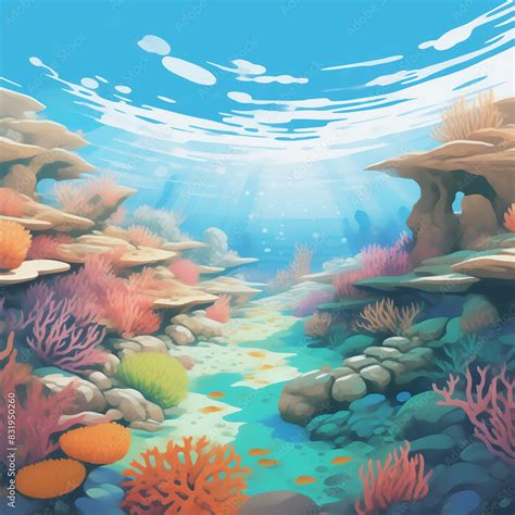 there is a cartoon illustration of a coral reef with fish Stock Illustration | Adobe Stock