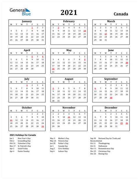 Free Printable 2021 Canada Holiday Calendar