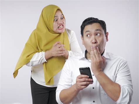 Muslim Couple Having Fight Angry Wife Find Her Husband Cheating On Phone Stock Image Image Of