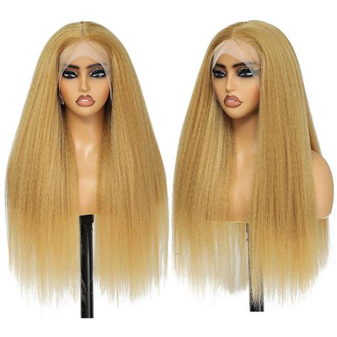 Amazon Honey Blonde Wigs Kinky Straight Synthetic Lace Front Wig Long Yaki Straight Blonde