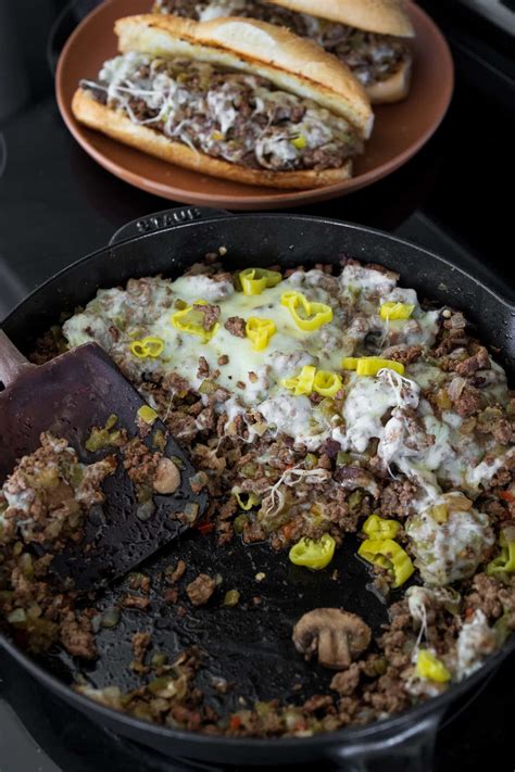 High Protein Ground Beef Cheesesteak Skillet