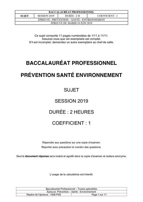 Bac Pro 2019 PSE Sujet