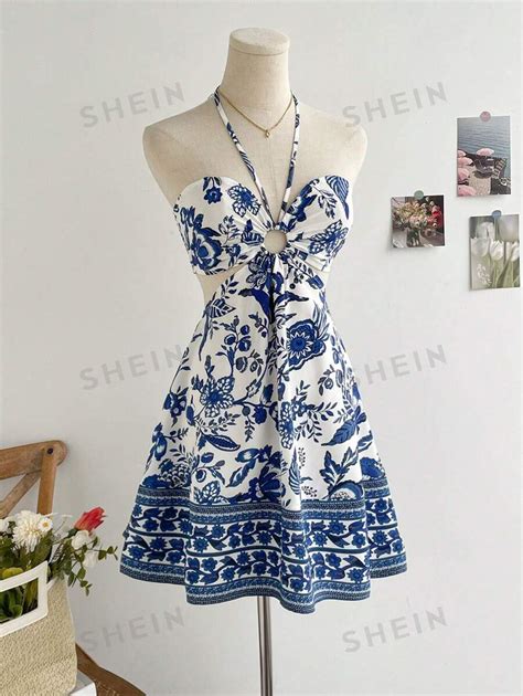 Shein Wywh Blue And White Flower Printed Halter Neck Hollow Out Cinched