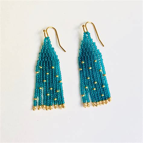 Teal And Gold Handmade Seed Bead Fringe Earrings Etsy