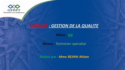 Module Gestion De La Qualite Filière Fia Niveau Technicien