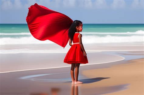 Una Chica Con Un Vestido Rojo Se Encuentra En Una Playa Con Una