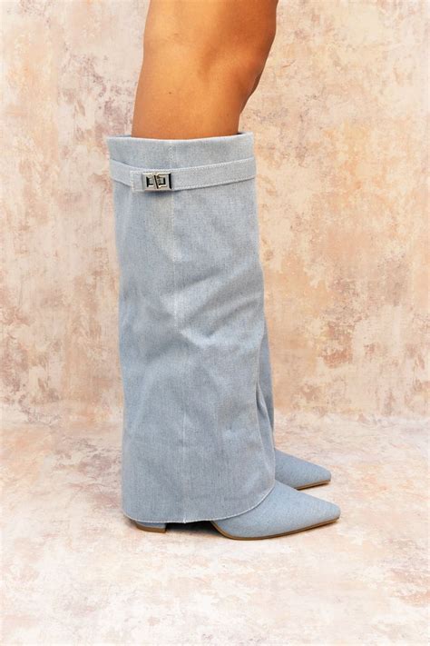 Denim Fold Over Shark Classic Buckle Knee High Boot In Denim