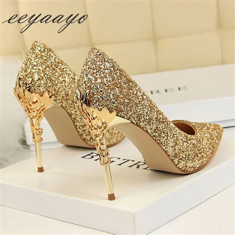 2019 New Spring Women Pumps High Thin Heels Pointed Toe Metal Decoration Sexy Bling Bridal