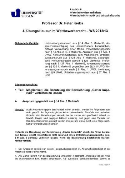 Professor Dr Peter Krebs Bungsklausur Im Wettbewerbsrecht