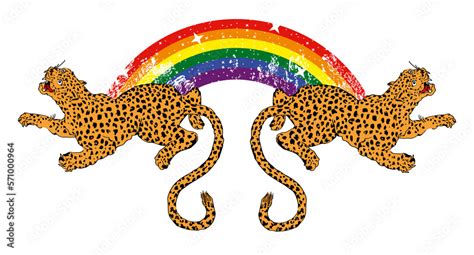 T Shirt Design Of Two Leopards Joined By A Rainbow Vector Illustration For Gay Pride Day Stock