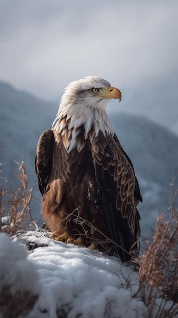 Premium Ai Image A Bald Eagle Sits On A Rock In The Snow