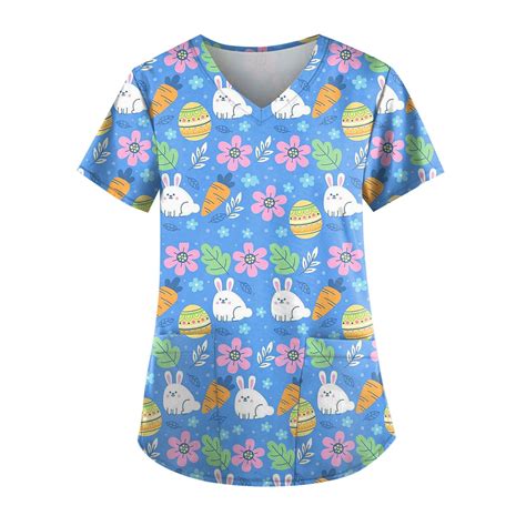 Knosfe Easter Scrub Top Bunny V Neck Easter Day Short Sleeve Womens Plus Size Easter Scrubs