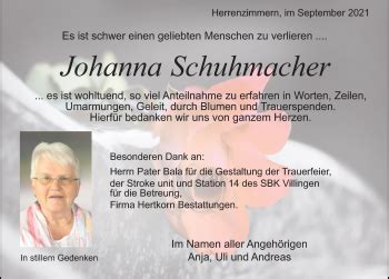 Traueranzeigen Von Johanna Schuhmacher Schwarzw Lder Bote Trauer