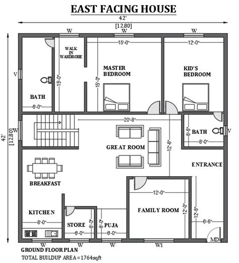 42 X42 East Facing House Plan As Per Vastu Shastra Is Given In This