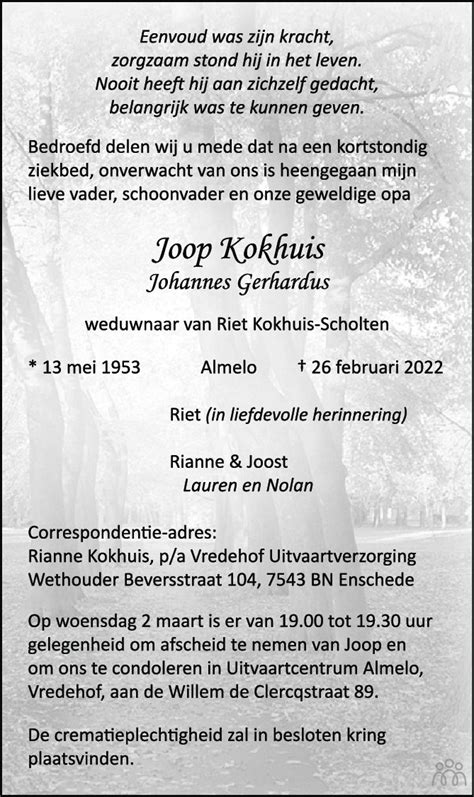 Joop Johannes Gerhardus Kokhuis 26 02 2022 Overlijdensbericht En