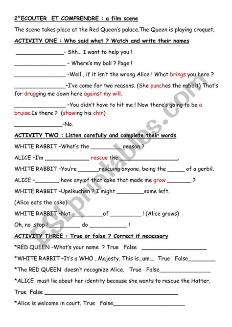 Alice In Wonderland The Croquet Game Activities Esl Worksheet By Sofinet