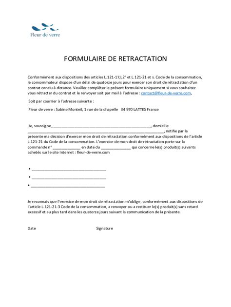 Fillable Online FORMULAIRE DE RETRACTATION Fleur De Verre1 Docx Fax