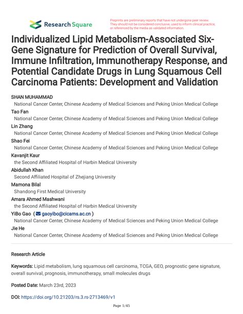 PDF Individualized Lipid Metabolism Associated Six Gene Signature For