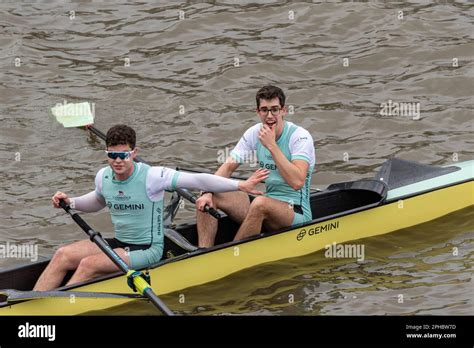 Boat Race Cambridge Rowers After Crossing The Finish Line At