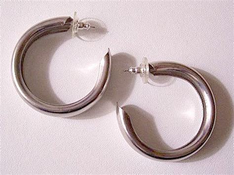 Nickel Satin Hoops Pierced Earrings Silver Tone Vintage Extra Large