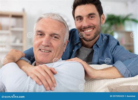 Happy Old Senior Dad Embracing Adult Grown Son Stock Image Image Of