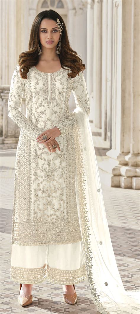 Festive Party Wear White And Off White Color Net Fabric Salwar Kameez