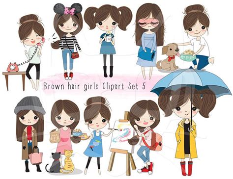 Brown hair girl Clip art set 5 instant download PNG file | Etsy