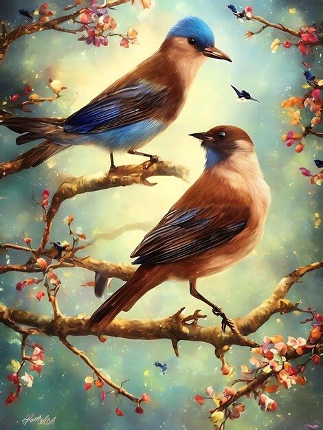 Premium Photo Two Colorful Birds Sitting On The Branch With Magical