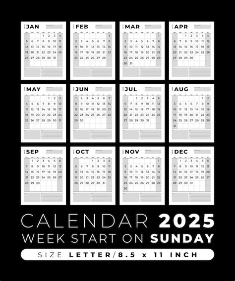 Calendário 2025 modelo em branco limpo e tamanho de design mínimo Letra