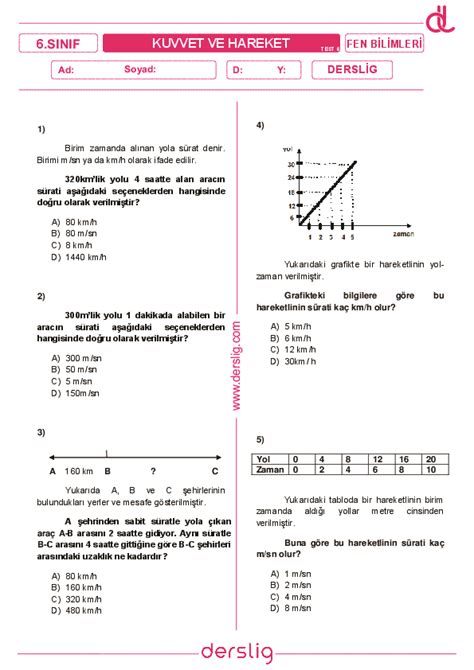 S N F Fen Bilimleri Kuvvet Ve Hareket Test Yaprak Test Derslig