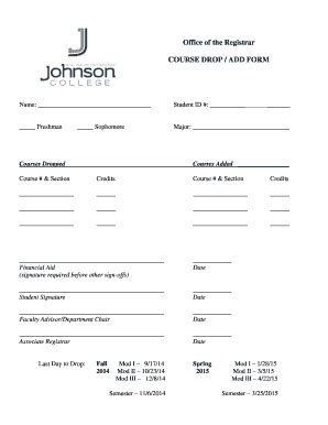 Fillable Online Johnson Office Of The Registrar COURSE DROP ADD FORM