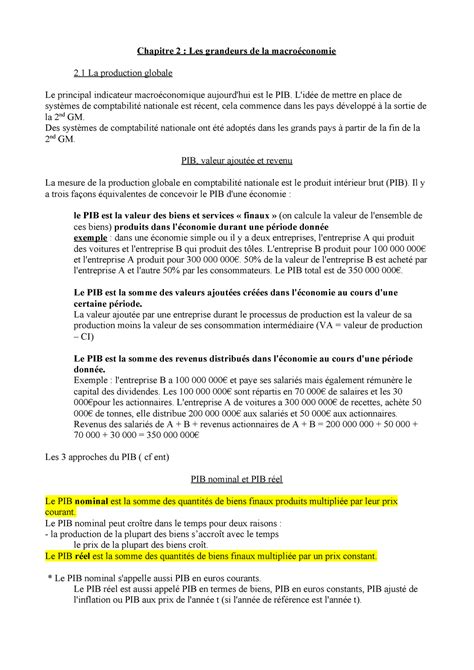 Cours 2 Les Grandeurs De La Macroéconomie Chapitre 2 Les Grandeurs