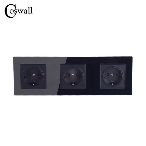 COSWALL Wall Crystal Glass Panel 3 Way Power Socket Grounded 16A EU