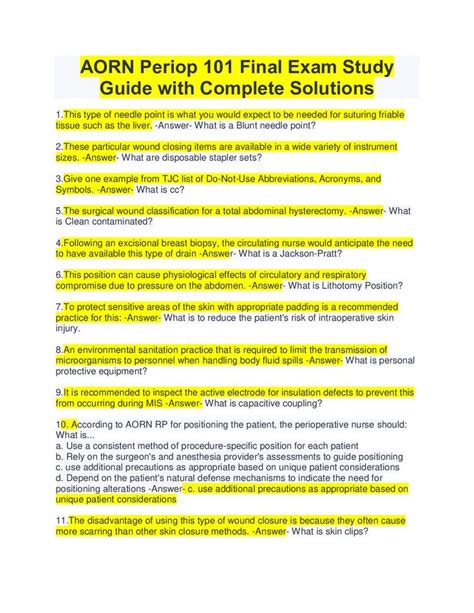 Aorn Periop Final Exam Study Guide With Complete Solutions Exam