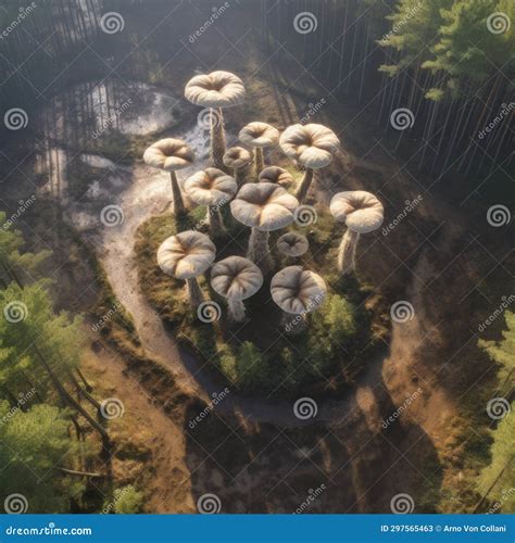 Mystical Wonderland Aerial View Of Giant Mushroom Forest Oasis Stock