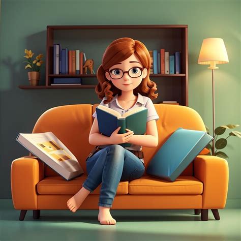 Premium Photo Cute Woman Reading Book On Sofa Cartoon Vector Icon Illustration People