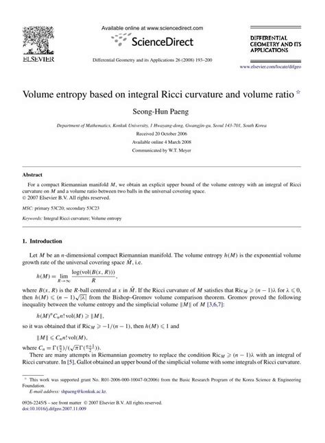 Pdf Volume Entropy Based On Integral Ricci Curvature And Volume Ratio