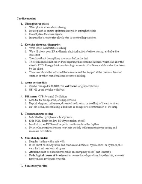 Cardiovascular Nclex Prep Notes Cardiovascular 1 Nitroglycerin