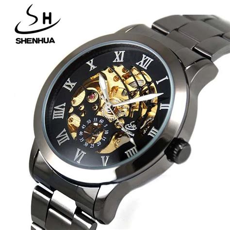 Shanghai Shenhua Watch Men Black Automatic Mechanical Skeleton Watches