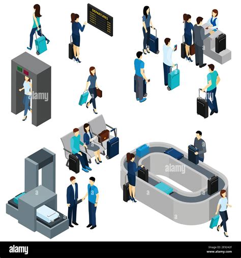 People In Airport Lounge And On Security Check Isometric Vector