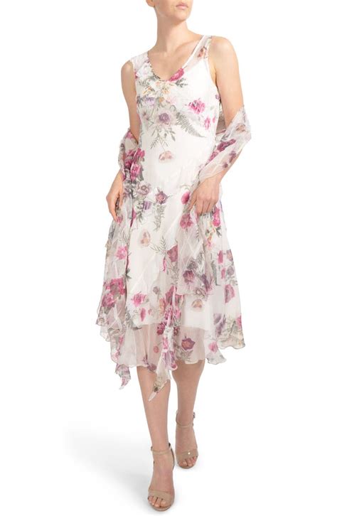 Komarov Floral Print Ruffle Midi Dress And Shawl Regular And Petite