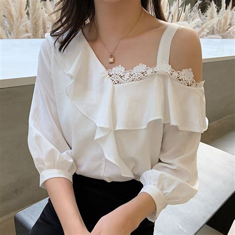 2021 Summer Puff Sleeve Ladies Shirts White With Lace Chiffon Blouse