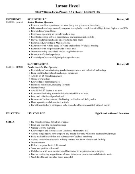 Machine Operator Resume Samples | Velvet Jobs