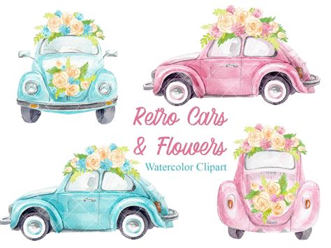 Watercolor Vintage Car Clipart Beetle Car With Flowers Cute Cars Png