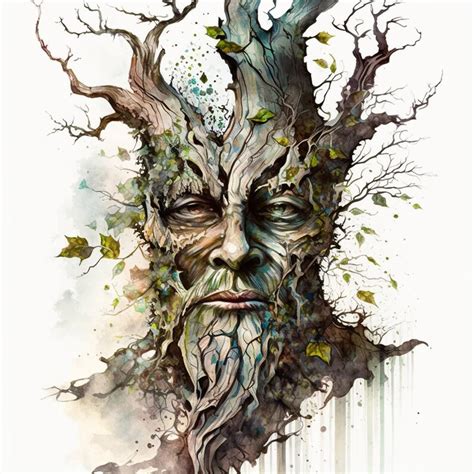 Epic Fantasy Tree Faces Clipart Set Nature Watercolors Forest Spirits