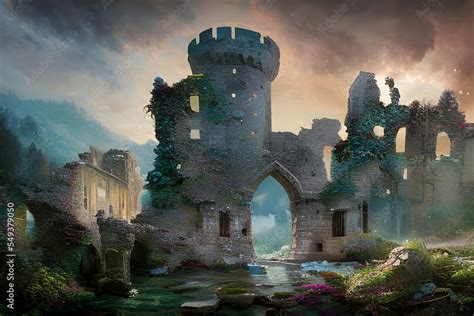 Fantasy Landscape With Ruins Of Mediaeval Castle In The Mountains