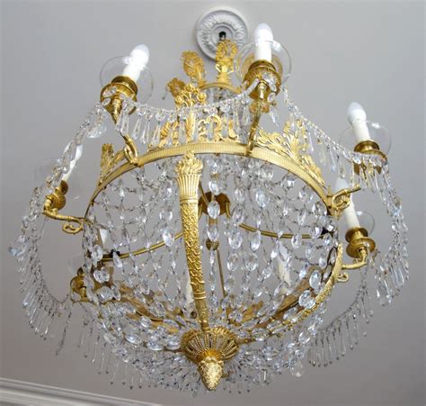 Proantic Grand Lustre Corbeille En Cristal Et Bronze Dor Au Mercure