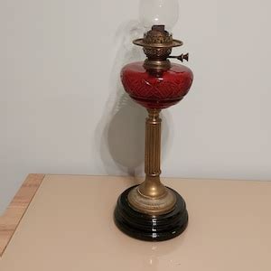 Vintage Duplex Corinthians Style Oil Lamp Faux Marble Base Red Bowl Oil