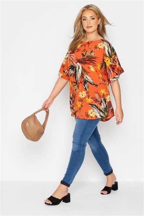 Plus Size Orange Floral Print Keyhole Back Chiffon Blouse Yours Clothing