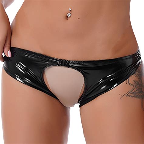 Womens Wetlook Shiny Leather Bikini Briefs Low Rise Crotchless Panties Underwear EBay